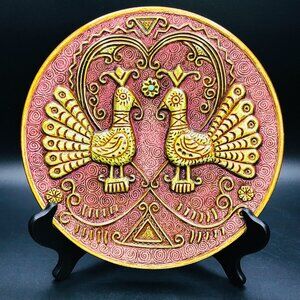 Vintage LODDO DORGALI Love Birds Peacock Couple Pottery Wall Hanging ITALY